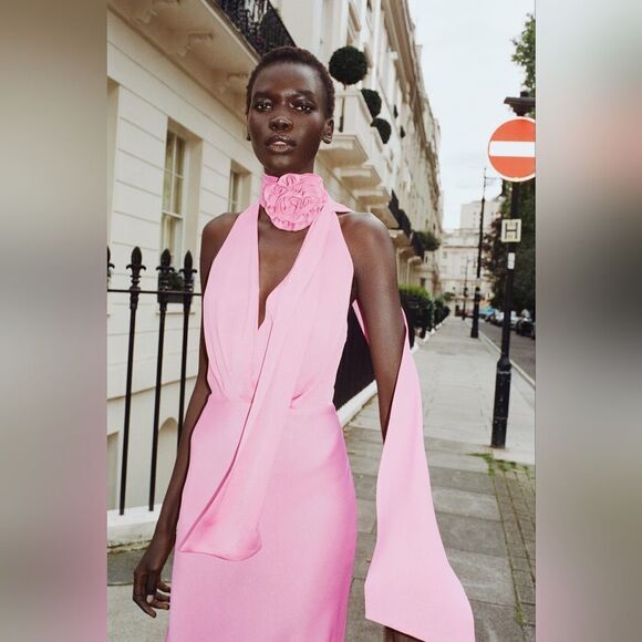 NWT ZARA FLORAL SATIN EFFECT MIDI DRESS pink - Picture 6 of 17